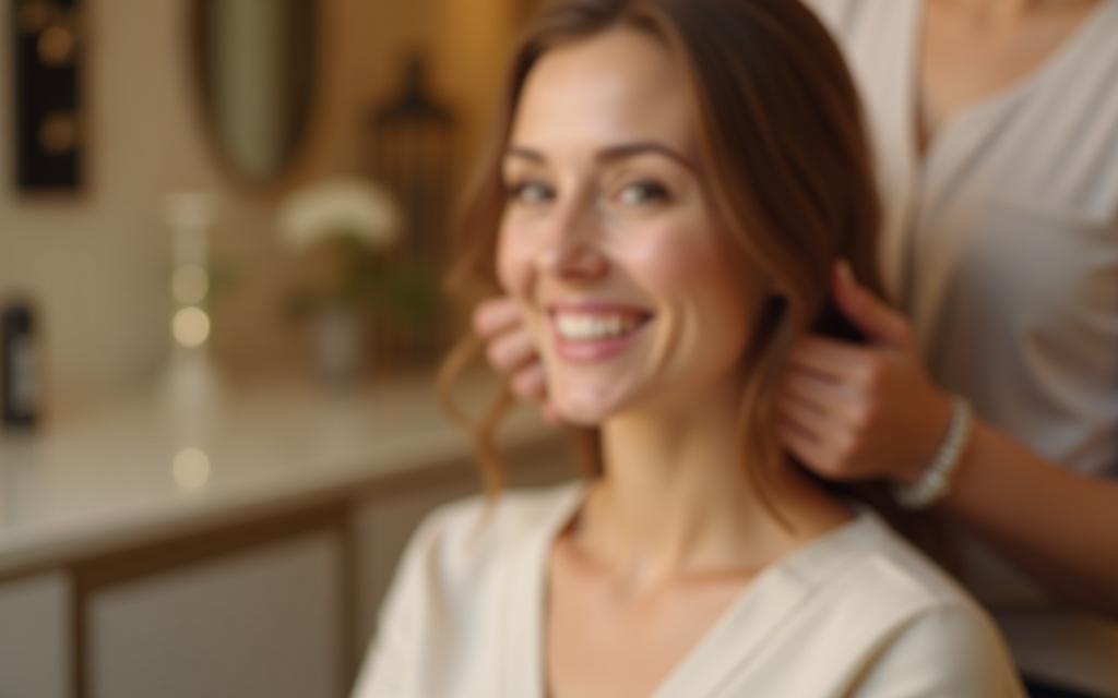 Smiling customer receiving service at Radiant Looks beauty studio, conveying support and care.